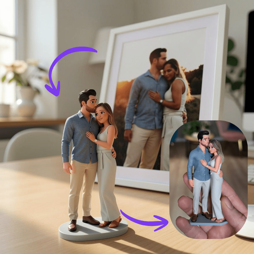 Persoonlijk 3D minifiguur als bijzonder cadeau naast de originele foto – uniek en emotioneel cadeau dat écht raakt